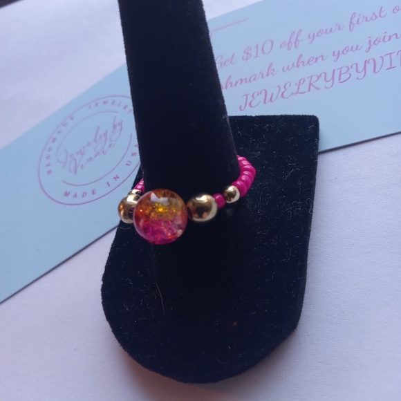 Hand Crafted Pink and Gold Beaded Stretch Ring 6,7,8 - Picture 5 of 5
